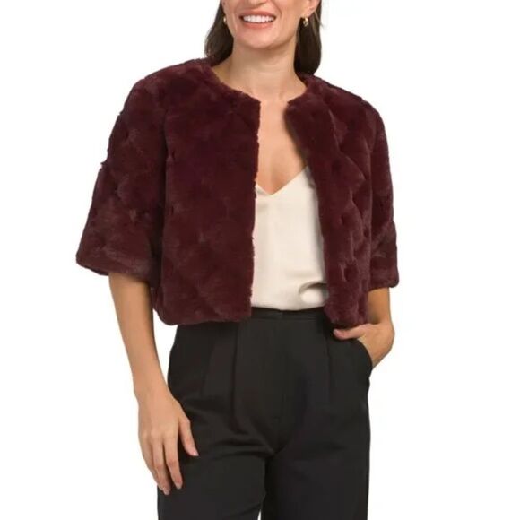 BCBG Max Azria Faux Fur Cropped Jacket-Wine Red 
Trendy Color🔥🔥 - Picture 1 of 10